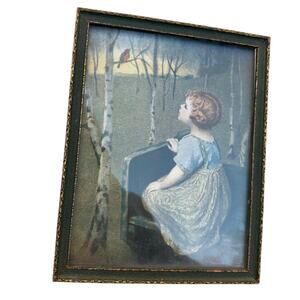Vintage Framed “Spring Song” Print by Simon Glöcklich Girl Watching Bird 7.5x10